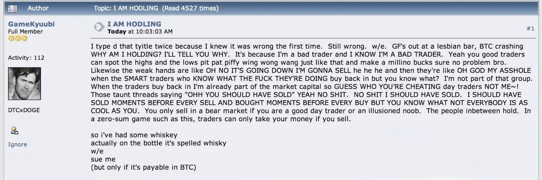Screenshot of the original I AM HODLING post by GameKyuubi on BitcoinTalk